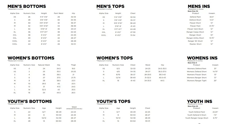 Fox Clothing Sizing Guide